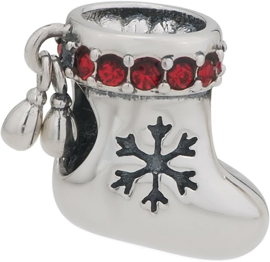 925 Sterling Silver Red Crystal Chrismas Stocking Beads Fit Pandora Charms