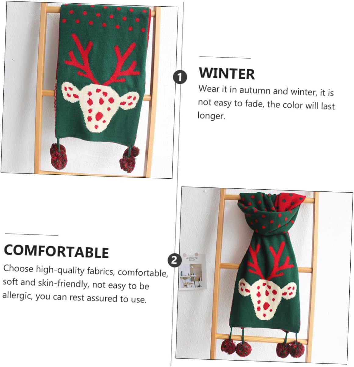 Christmas Deer Pattern Double-sided Knitted Wool Scarf for Women, Green Winter Lady Wool Scarf Neck Warmer, Soft Warm Xmas Cold Weather Accessory
