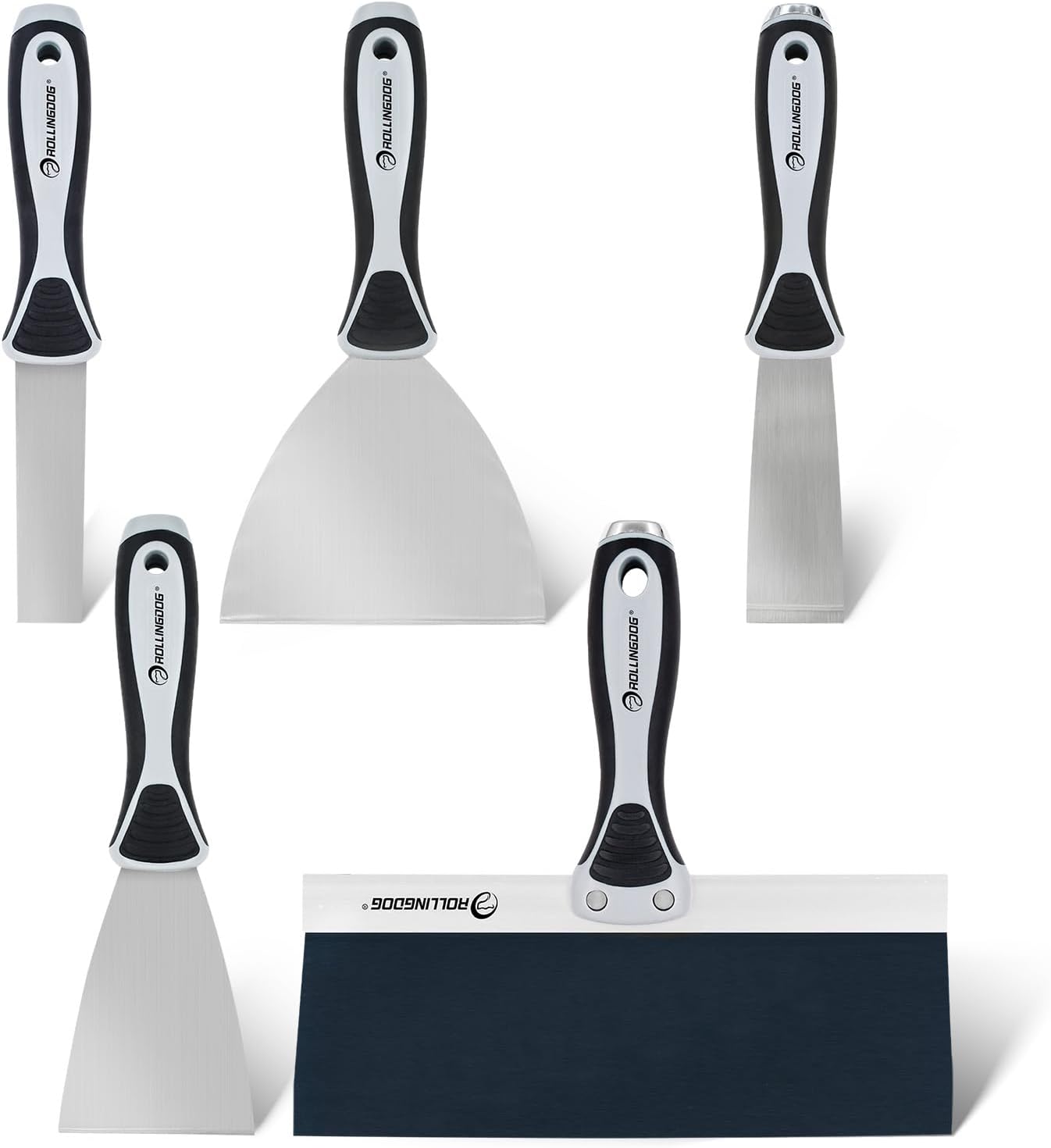 ROLLINGDOG 5 PC Putty Knife Set- Include 1", 3" and 5" Spackle Knife, 1.5" Chisel Scraper, 10" Taping Knife for Drywall Repair