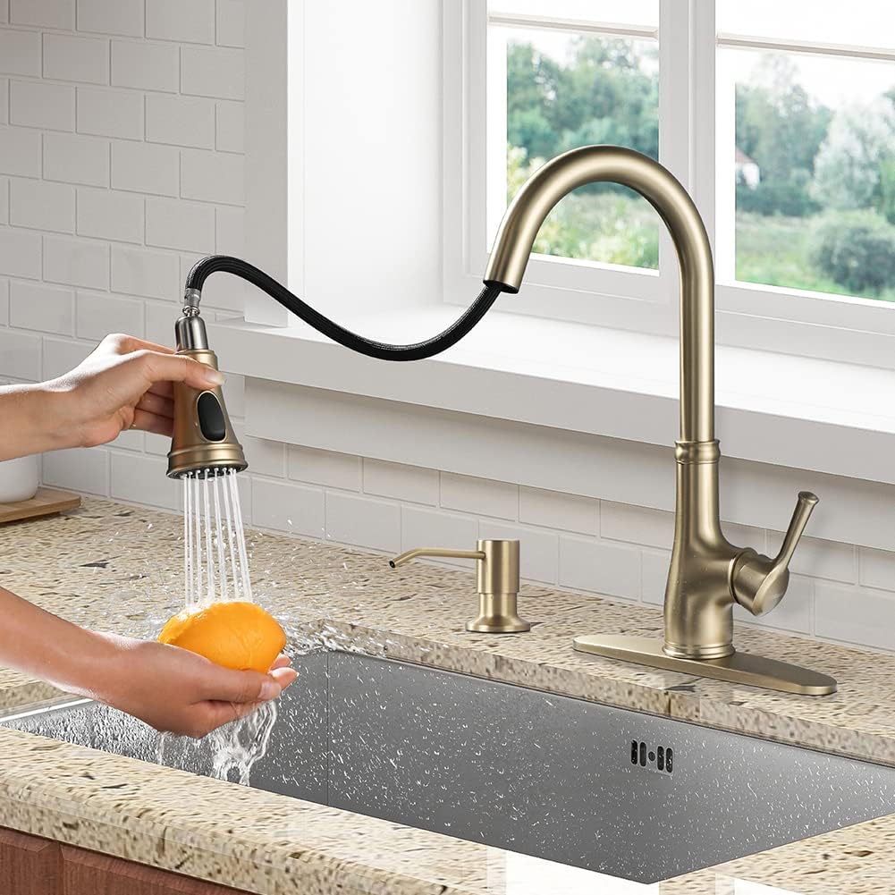 WEWE Gold Kitchen Sink Faucet with Pull Out Sprayer and Soap Dispenser, Brushed Gold Copper Single Handle 1 Hole Pull Down, Champagne Bronze