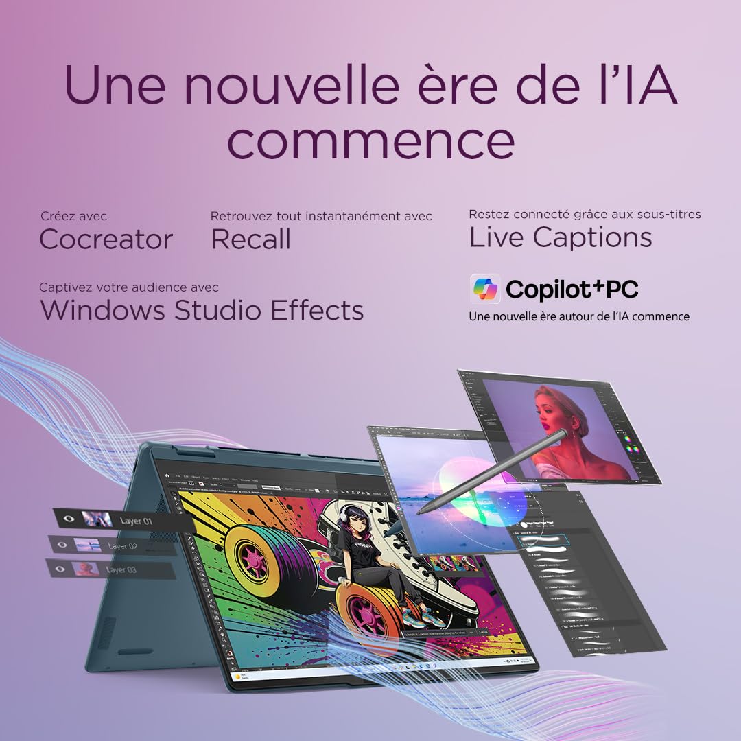 Lenovo Yoga 7 2-in-1 14AKP10 - Ordinateur Portable 2-en-1 14'' OLED Tactile Copilot+(AMD Ryzen AI 7 350, RAM 16Go, SSD 512Go, AMD Radeon 860M, Windows 11 Home) Clavier rétroéclairé AZERTY - Tidal Teal