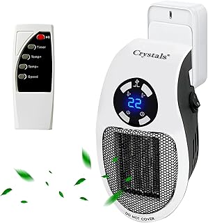 Crystals Plug-In Ceramic Heater 500W - Mini Portable Electric Space Fan Heater with Digital Thermostat, Remote Control, and Timer - Low Energy - UK Plug - White