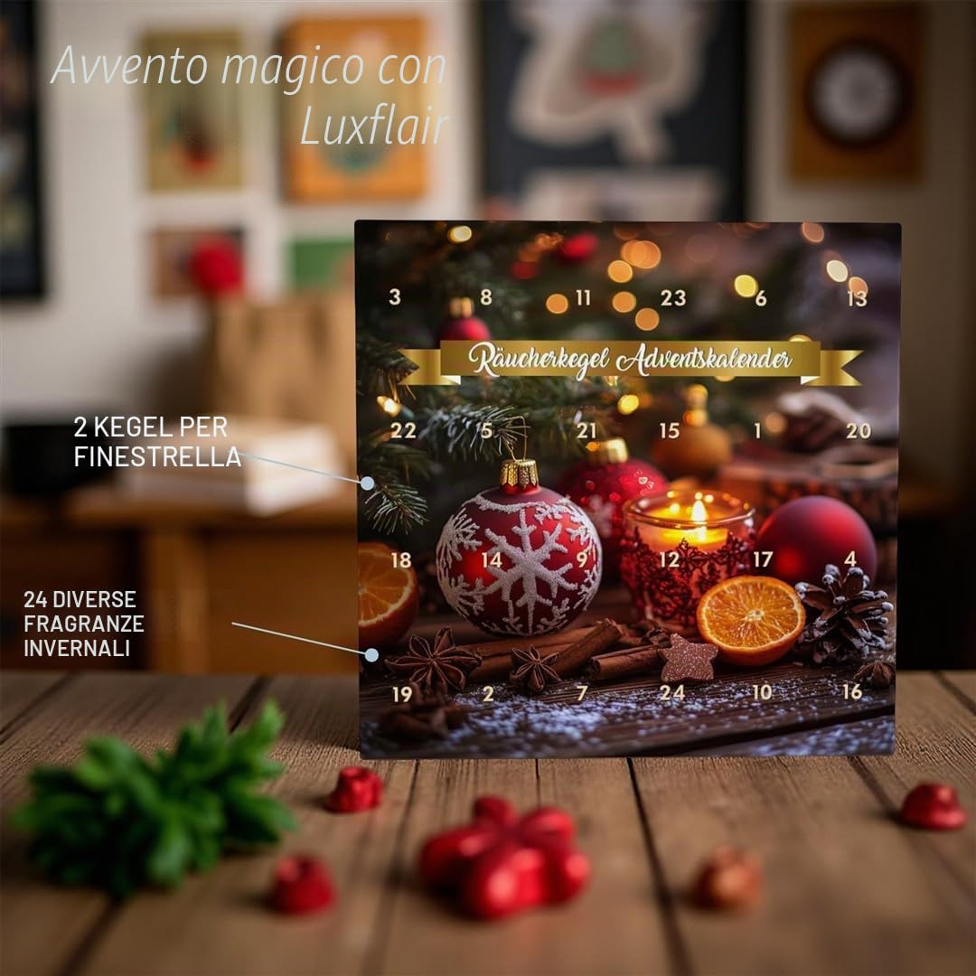 Calendario dell'avvento con coni d'incenso Luxflair - 24 fragranze invernali, 48 coni, fatti a mano, aromi naturali, idea regalo per Natale