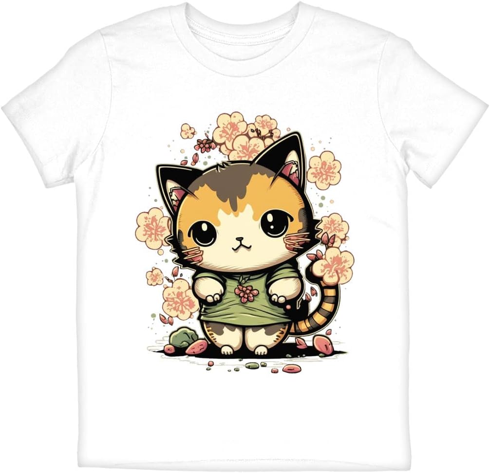 Cute Cat Kids' T-Shirt - Cat Art T-Shirt - Floral Tee Shirt for Kids