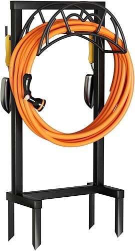 VyGrow Garden Hose Holder, Freestanding Heavy Duty Water Hose Holder for Outside, Upgraded Metal Hose Stand with 4 es, Detachable Garden Hose Storage Hose Reel Rack, Black