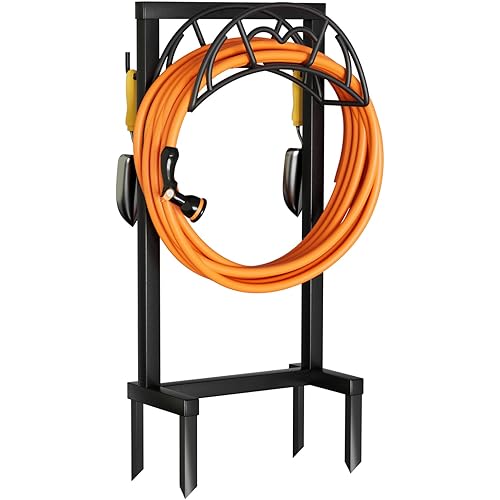 VyGrow Garden Hose Holder, Freestanding Heavy Duty Water Hose Holder for Outside, Upgraded Metal Hose Stand with 4 Spikes, Detachable Garden Hose Storage Hose Reel Rack, Black