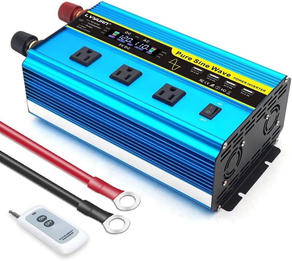 LVYUAN 1600 Watt Power Inverter Pure Sine Wave Inverter 12V to 110V DC to AC with AC Sockets, LCD Display, Wireless Remote Control Car Power Inverter for Vehicles RV Camping Truck