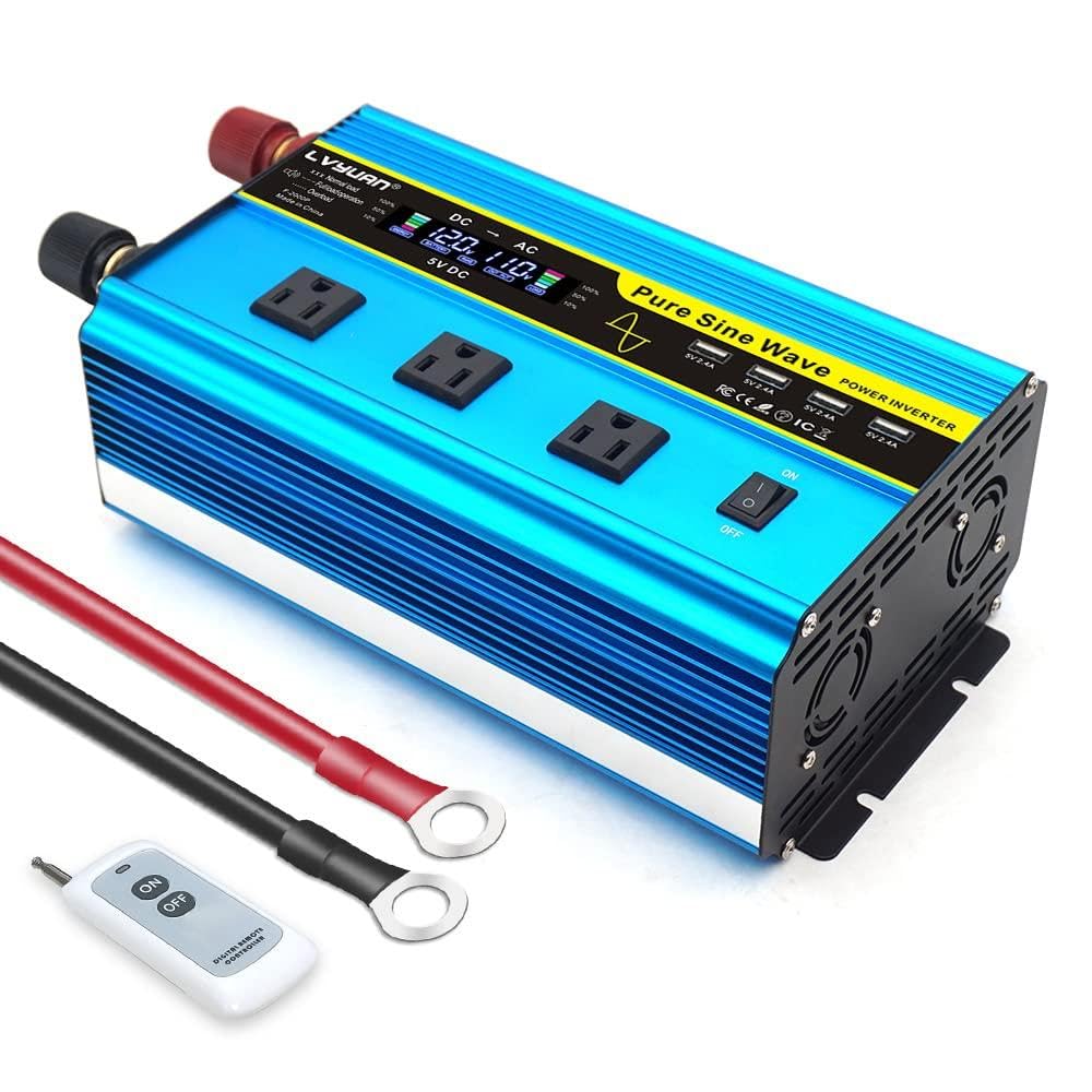LVYUAN 1600 Watt Power Inverter Pure Sine Wave Inverter 12V to 110V DC to AC with AC Sockets, LCD Display, Wireless Remote Control Car Power Inverter for Vehicles RV Camping Truck