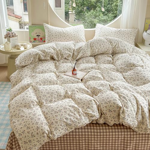 Image of VM VOUGEMARKET Soft Muslin Cotton Duvet Cover Set Queen Size Floral Duvet Cover with 2 Pillowcases Lightweight Breathable Bedding Comforter Cover for Teen Girls
