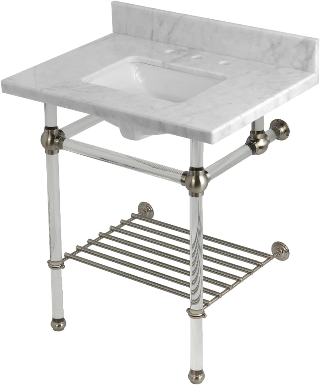 Kingston Brass KVPB30MASQB1 Templeton 30" Console Sink with Acrylic Legs (8-Inch, 3 Hole), Carrara Marble/Polished Chrome