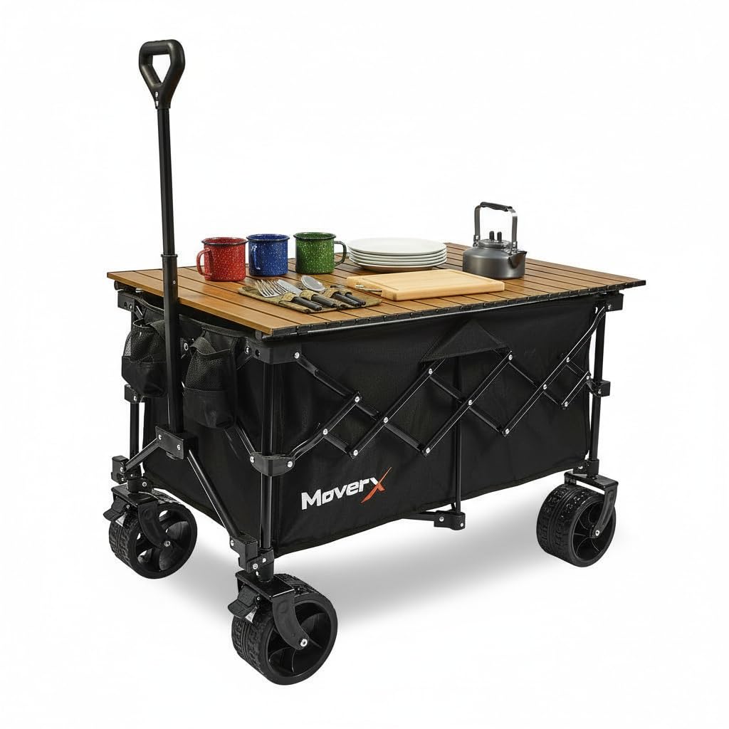 Moverx 200L/150Kg Tabletop Trolley Folding Camping Wagon For Beach Outdoor Garden Picnic Shopping Fishing, Wide Wheels, Adjustable Handle