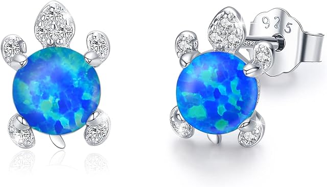 TRISHULA Turtle Earrings 925 Sterling Silver Opal Stud Earrings Tortoise Earrings Animal Jewellery Gifts for Kids Girls Women