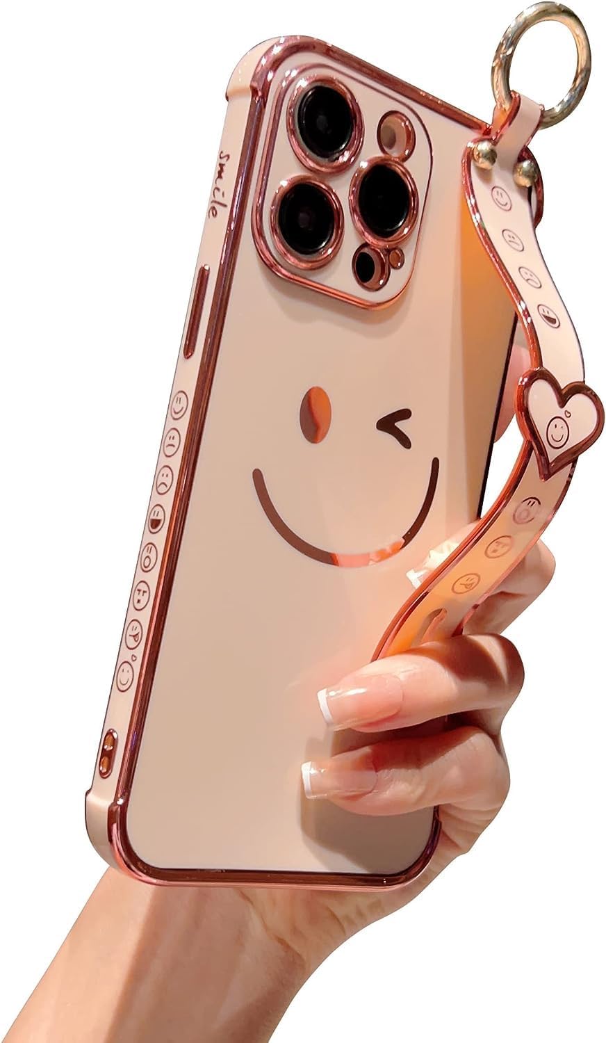 YIMICOFor iPhone 15 Pro Case with Strap, Cute Sparkly Bling Smile Face Design Soft TPU Plating Bumper Cover with Wrist Strap Kickstand Case for iPhone 15 Pro 6.1 inch(2023) (Pink)