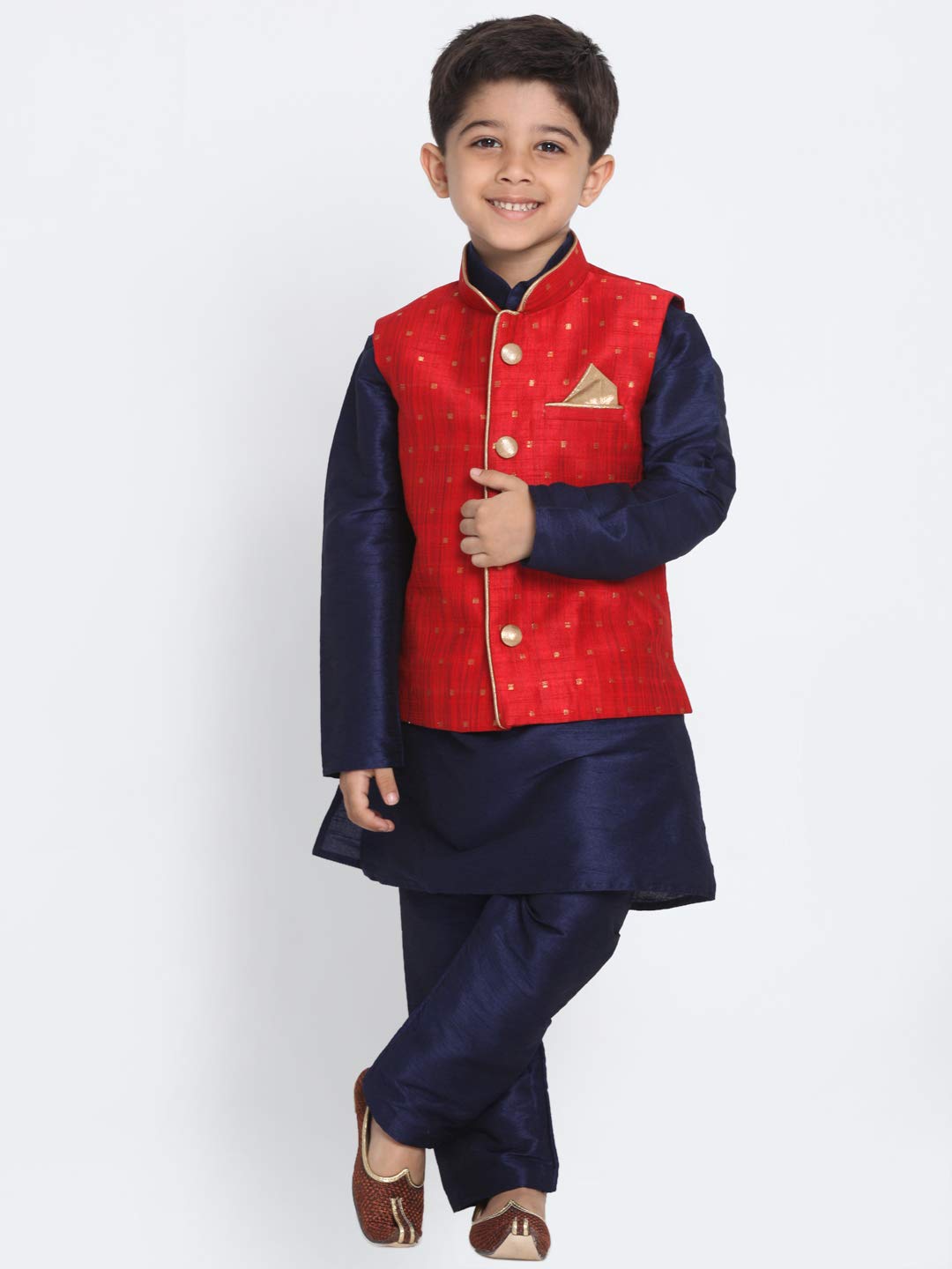 Jbn Creation Boys' Maroon And Navy Blue Silk Blend Kurta, Ethnic Jacket And Pyjama Set (Vasbj009Manbknb001Npnb, For 6-12 Months)