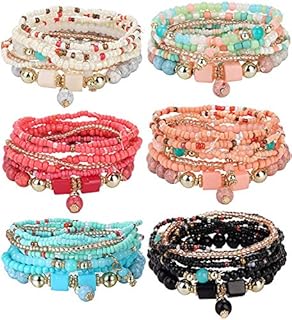 LOLIAS 6Pcs Bohemian Bead Bracelets Set for Women Girls Multilayered Bracelet Set Pendant Stackable Bead Bracelets Boho Charm Stretch Bangles