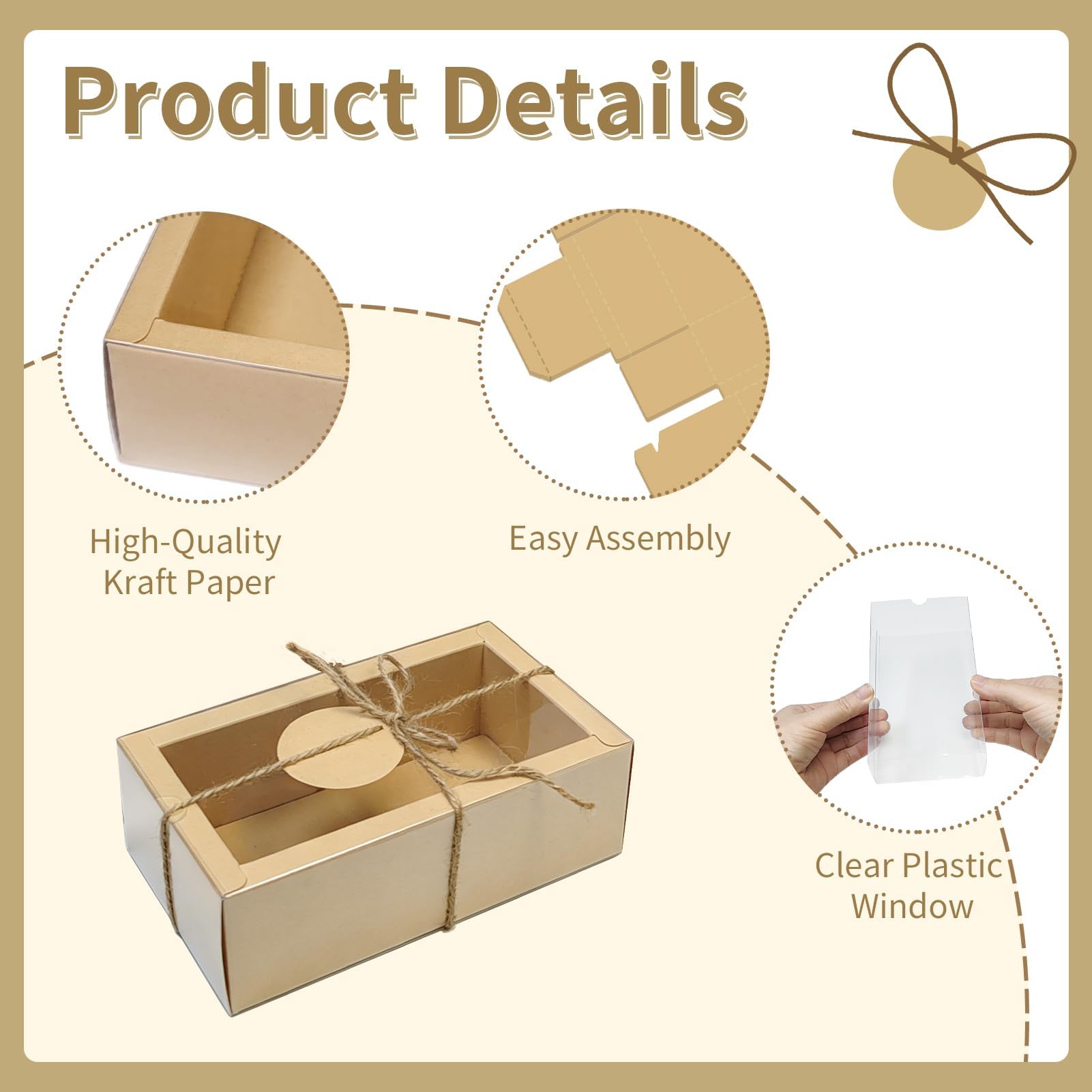 Confezione da 30 scatole in carta kraft con finestra, scatola regalo per sapone, dimensioni esterne 16,5 x 8,9 x 5,1 cm, piccola scatola regalo con etichette vuote, corda di iuta e rafia, ideali per