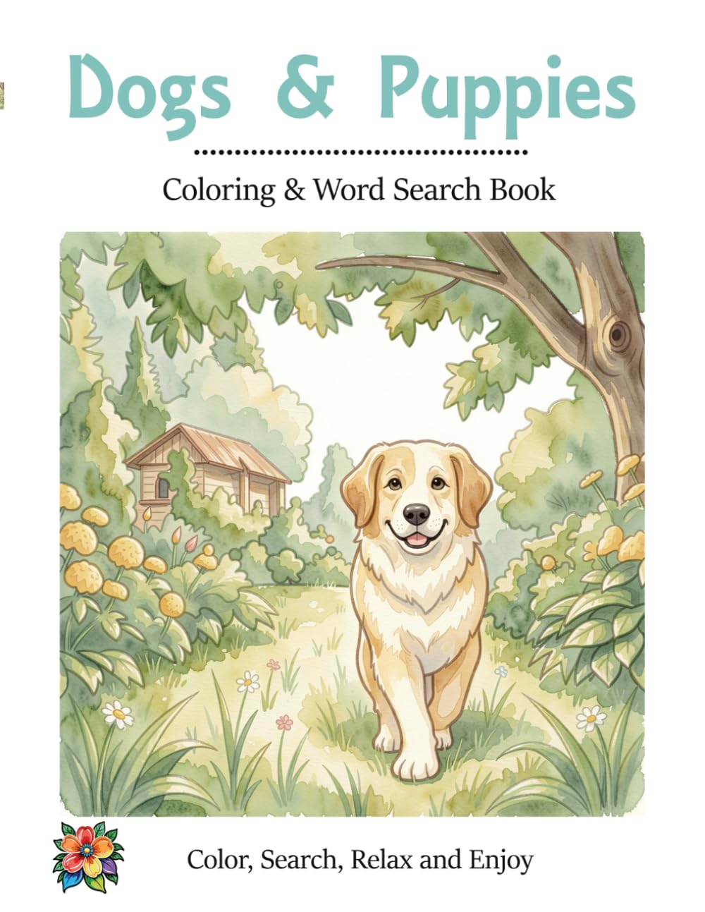 Dogs and Puppies Coloring & Word Search Book