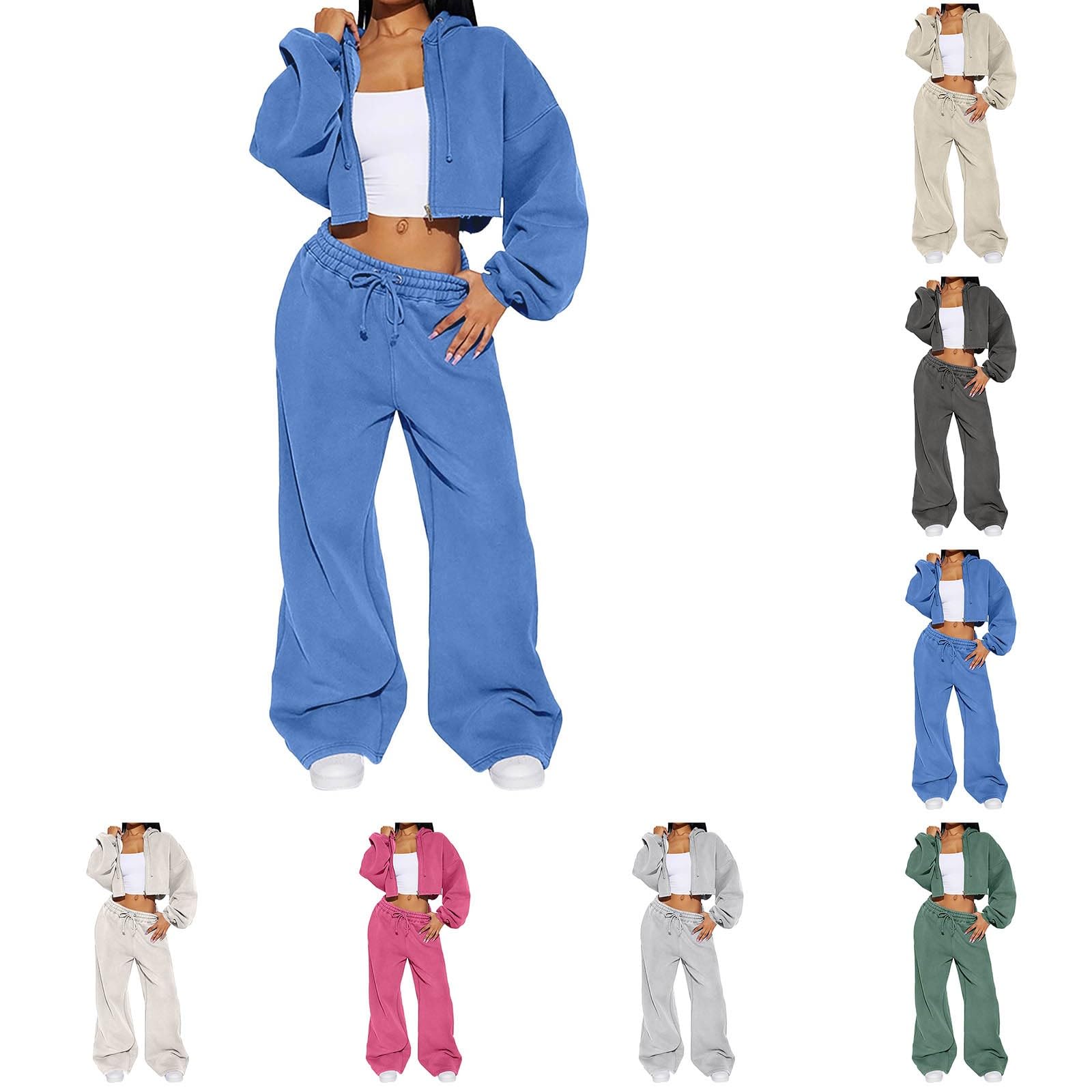 Womens Sweat Suits 2 Piece Set Cropped Zip Up Hoodie Wide Leg Drawstring Lounge Sweatpants Travel Jogger Sets