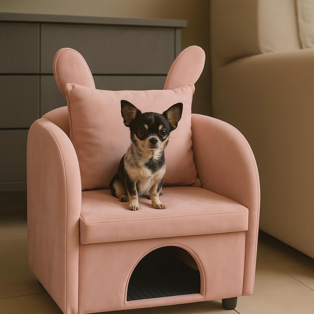 2-in-1 Velvet Bunny-Ear Armchair with Pet Hideaway – Luxury Plush Sofa Chair (27.4"x25.2"x37.4") for Humans & Cats/Dogs, Built-in Side Pocket & Cozy Cubby, Skin-Friendly Fabric (Pink)