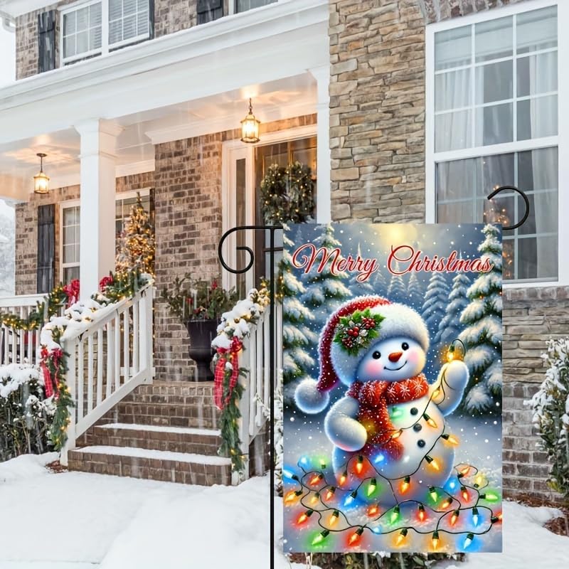 Merry Christmas Garden Flag With Festive Snowman Colorful Holiday Lights And Snowy Trees Christmas Garden Flags For Outside Outdoor Yard Decoration 12x18 Inch - Image 3