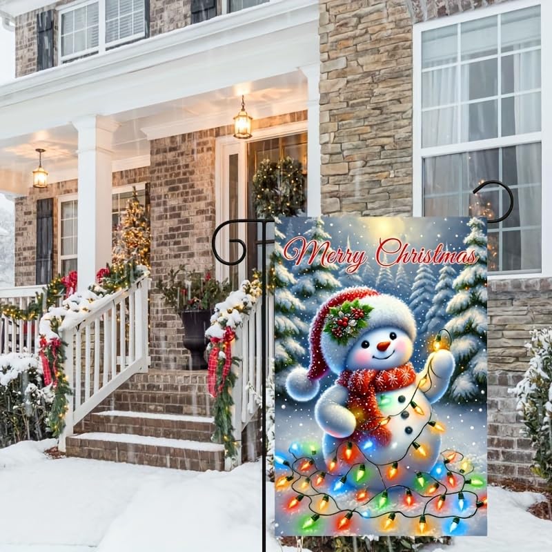 Image of Blissyard Merry Christmas Garden Flag With Festive Snowman Colorful Holiday Lights And Snowy Trees Christmas Garden Flags For Outside Outdoor Yard Decoration 12x18 Inch