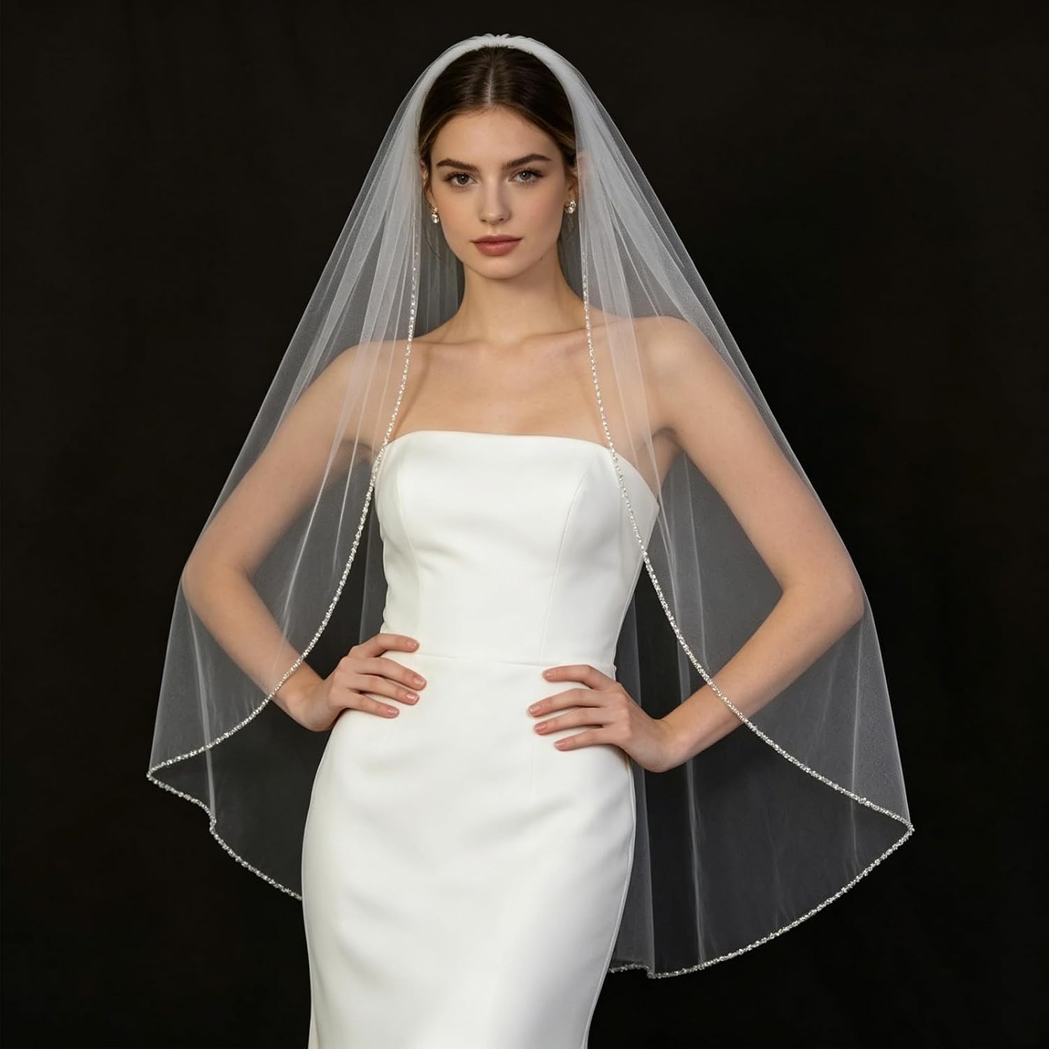 Wedding Veil for Bride Crystal Beaded Edge 1 Tier Fingertip Length Bridal Veil With Comb