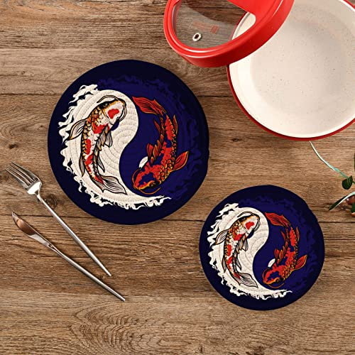 Summer Yin Yang Koi Fish Pot Holders Trivets 2 Pcs Heat Resistant Trivets For Hot Dishes, Ethnic Style Cotton Thread Weave Trivet Mats For Hot Pads Pans Pot Bowl Teapot For Kitchen Decor #TOP1