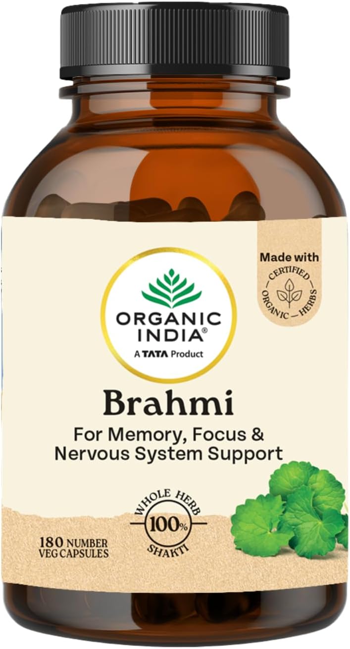 A TATA Product - Organic India Brahmi - 180 Veg Capsules, Naturally Promotes Concentration & Memory, Mental Fitness, Reduces Stress & Anxiety, GMP & NPOP Certified Organic
