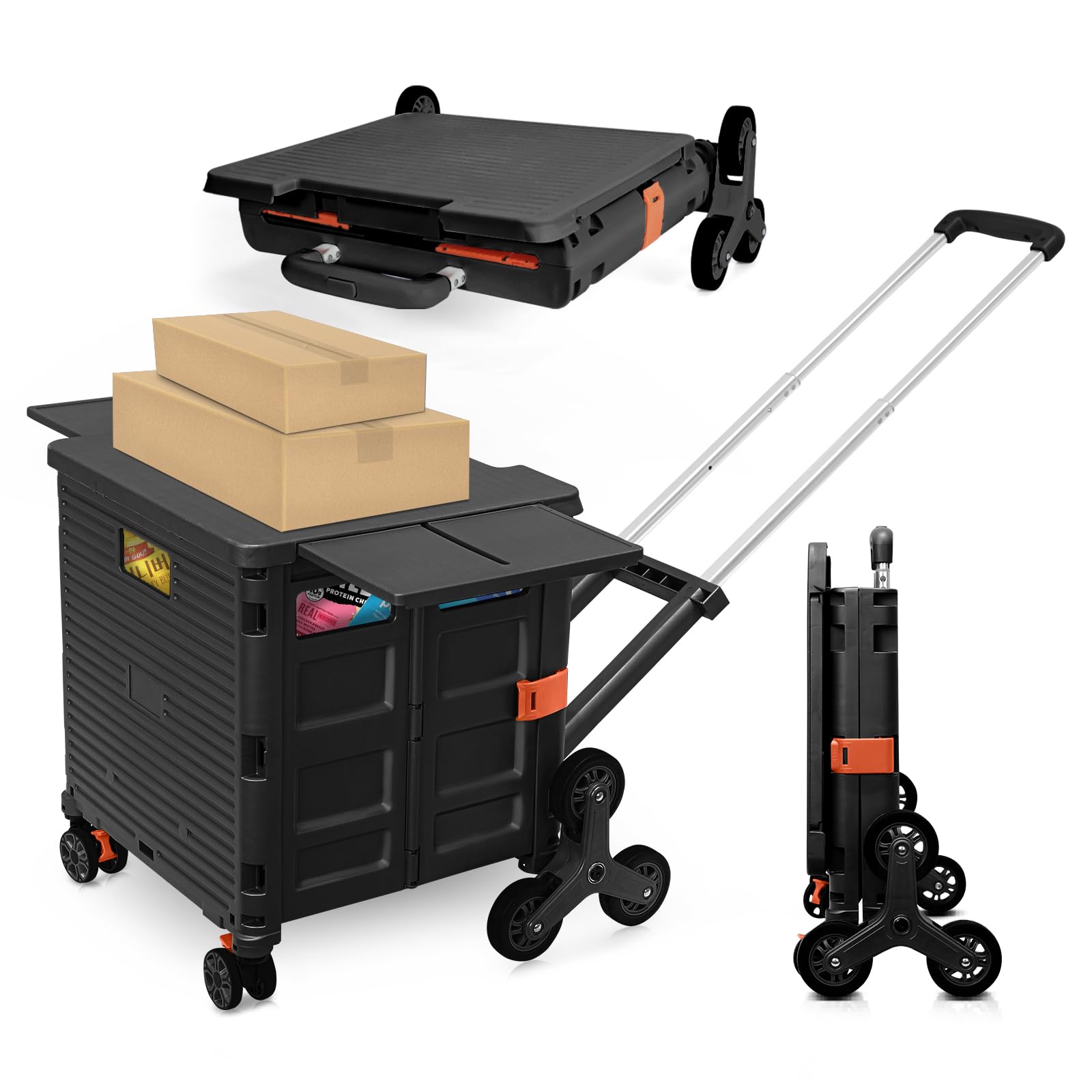 Foldable Utility Cart with Stair Climbing Wheels,Collapsible Rolling Crate with Magnetic Lid Telescopic Cover,Adjustable Telescoping Handle,360°