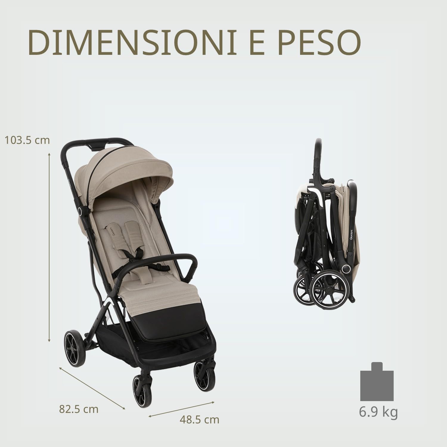 Giordani G-Touch Passeggino Leggero 6.9 kg, Chiusura Automatica One-Touch, da 0 Mesi a 22 kg,Seduta Imbottita, Ruote con Sospensioni e Dettagli in Ecopelle, Compatto e Salvaspazio, Beige