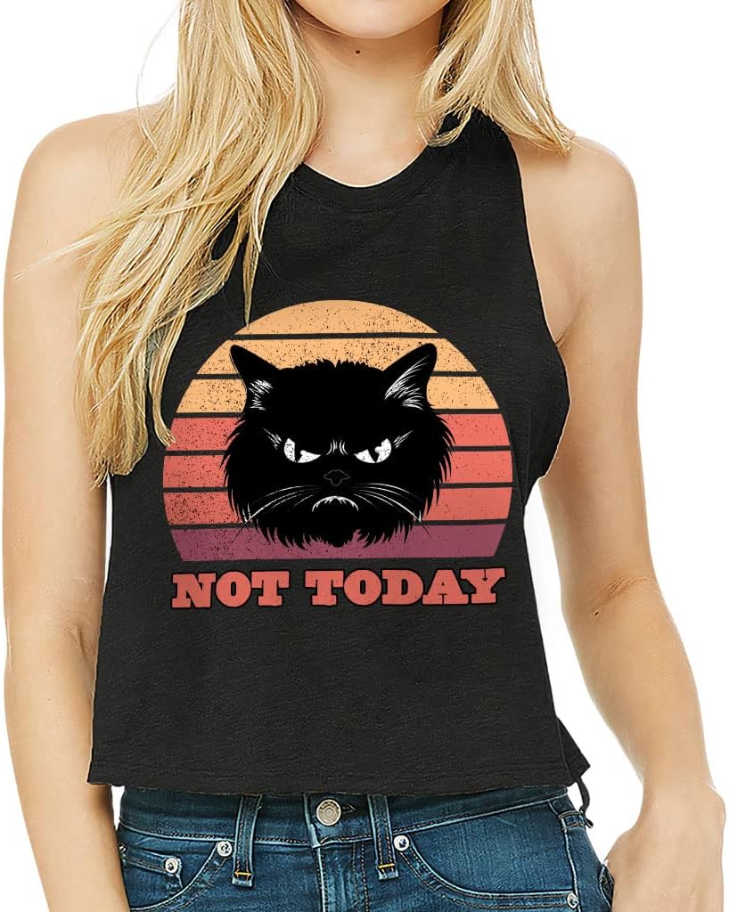 Not Today Cat Racerback Cropped Tank - Art Women's Tank - Illustration Tank Top - Black, S