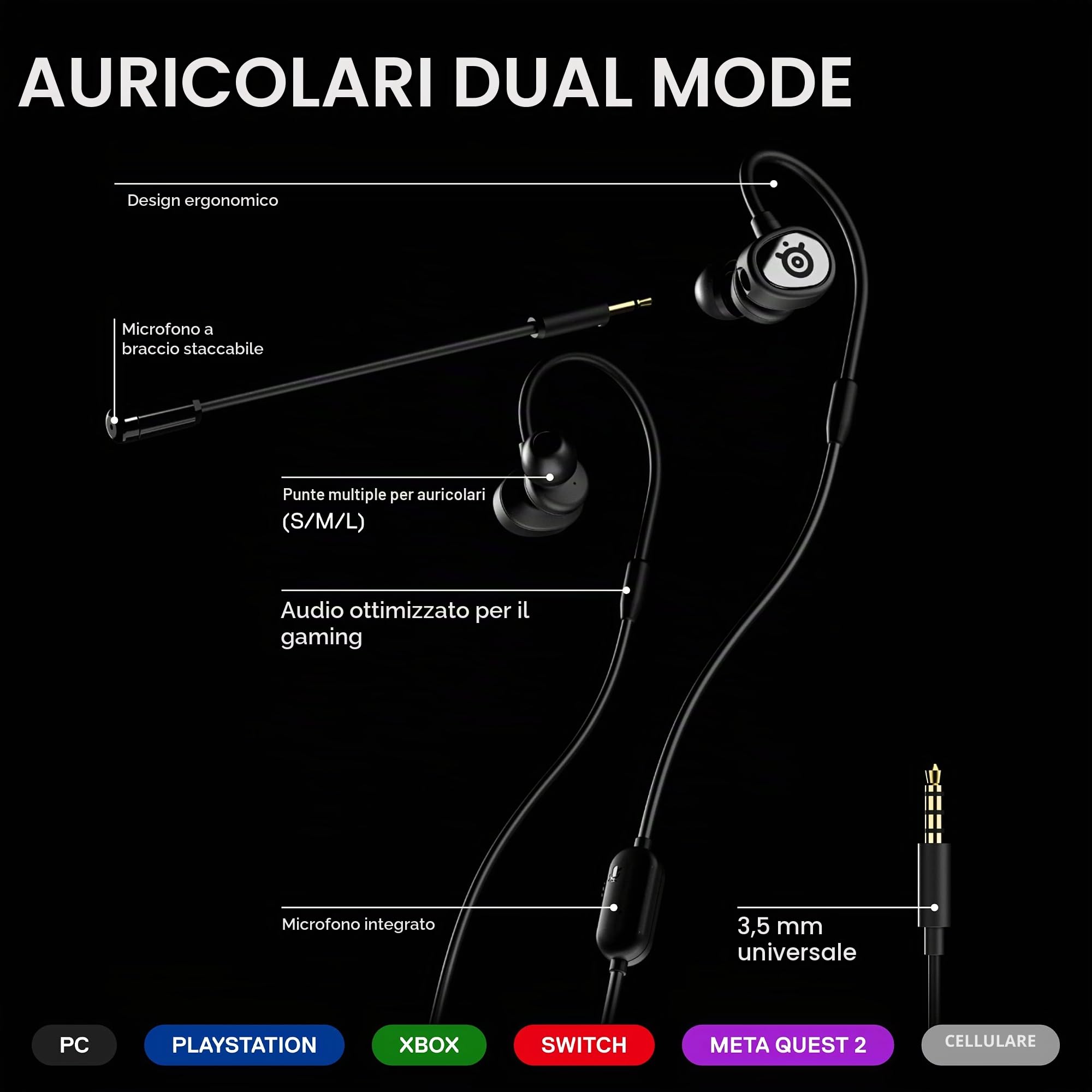 SteelSeries Tusq - Cuffie in-ear per videogiochi, doppio microfono con microfono staccabile, design ergonomico a sospensione, per cellulare, colore: nero
