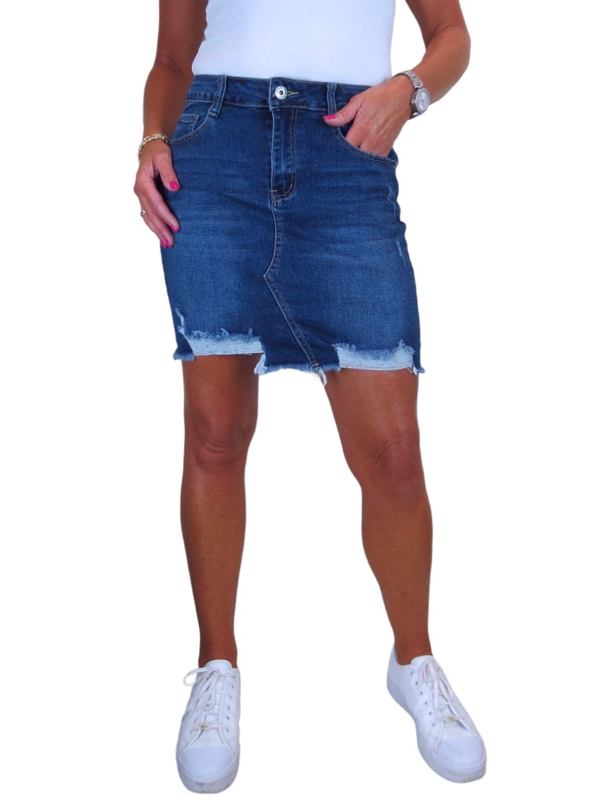 Paulo Due Women's Ripped Frayed Hem Denim Mini Skirt Casual Frayed Hem With Rips Jeans Skirt Blue 8-16 (10)