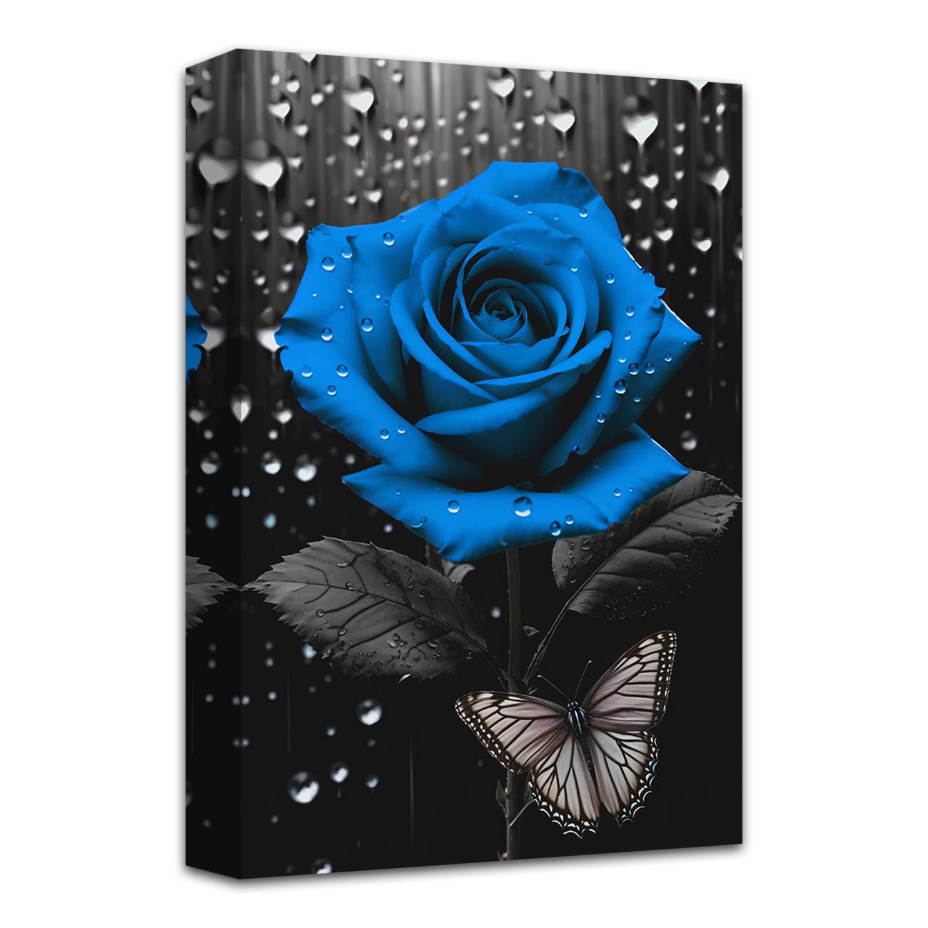 LZIMU Rose Wall Art Bathroom Decor Black And White Blue Floral with Butterfly Painting Prints Abstract Rose Flowers Picture for Farmhouse Decor Framed (Floral-5