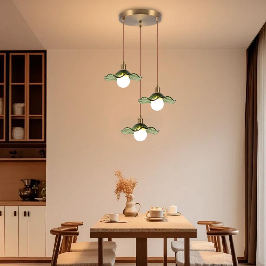 3 Lampe Suspendue en Verre Intérieure Moderne Vert Fleurs E27 Suspension Luminaires Vintage Laiton Doré Lustre Réglable en Hauteur pour Salon Chambre Cuisine