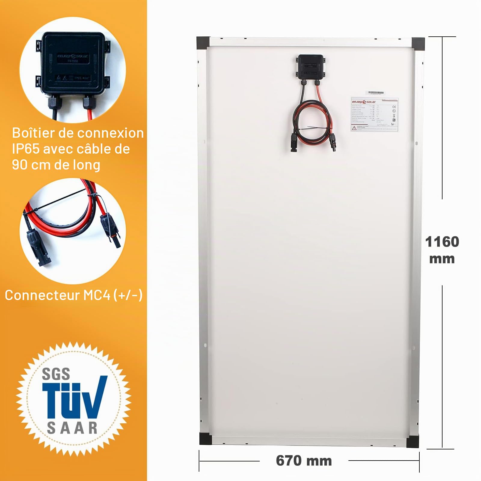 enjoy solar® Panneau Solaire Monocristallin 150W 12V, PERC 9BB – Idéal pour camping-car, installation balcon, abri de jardin, bateau