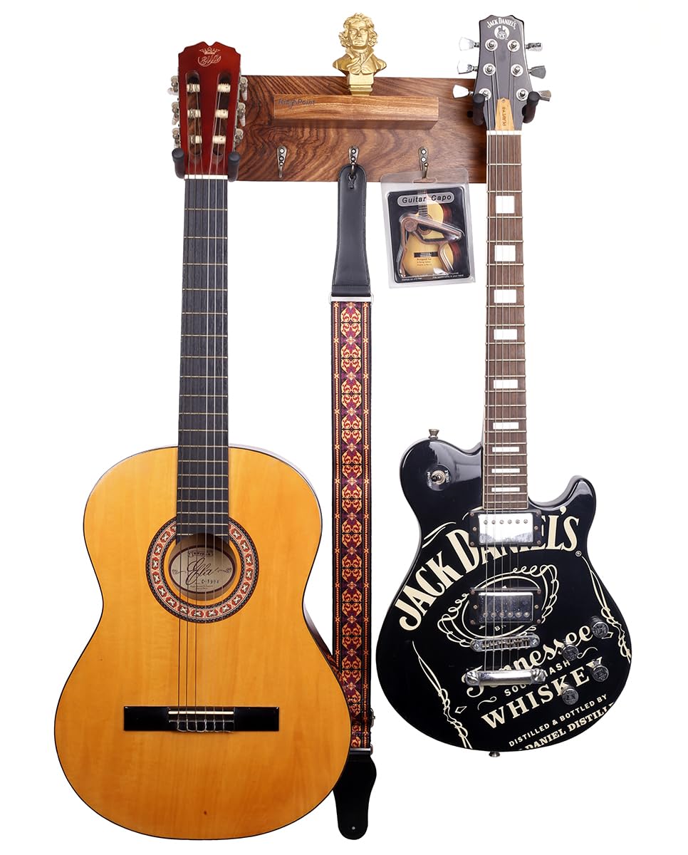 KingPoint Uchwyt na gitarę, uchwyt na gitarę, wieszak ścienny, drewniany hak ścienny na gitarę z uchwytem na kostki i 3 haczykami, do gitary elektrycznej, gitary akustycznej, gitary basowej,, KP035