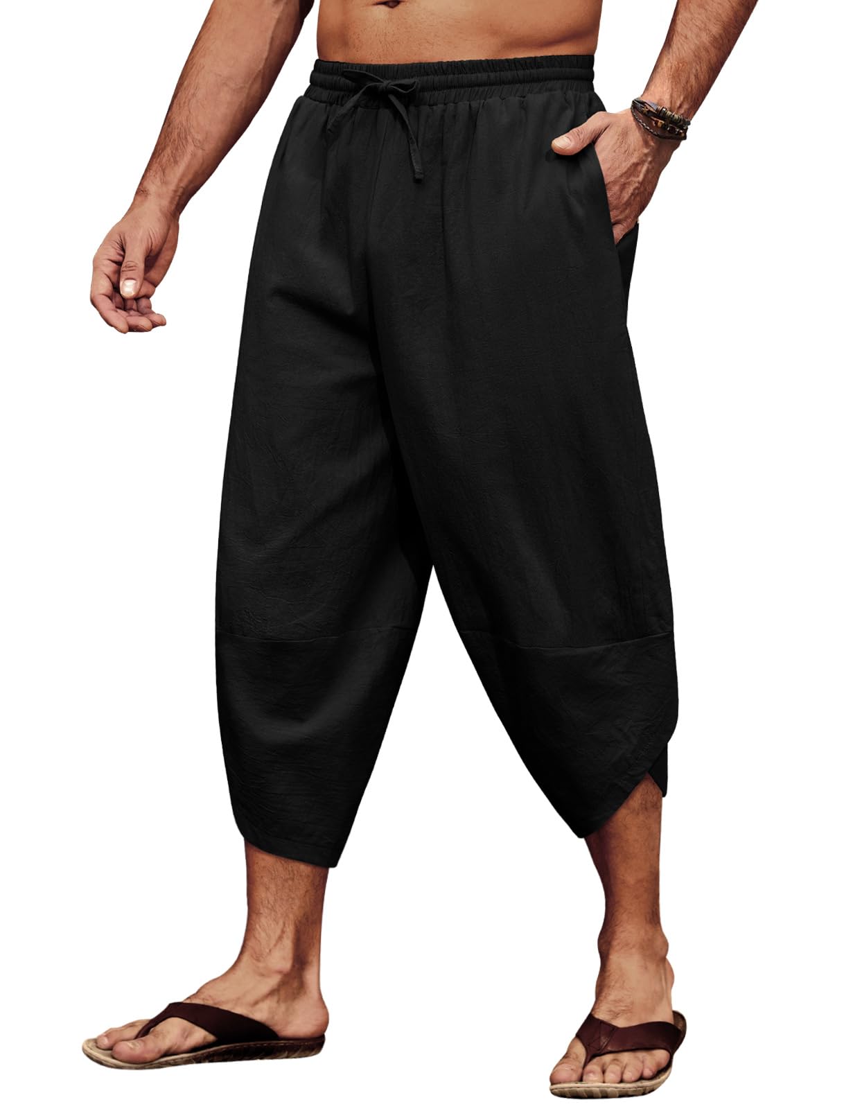 CMTOP Hose Herren Leichte 3/4 Sommerhose Baggy Freizeithose Strandhose Yoga Hose Elastische Taille Baumwolle Haremshose mit Kordelzug und Taschen
