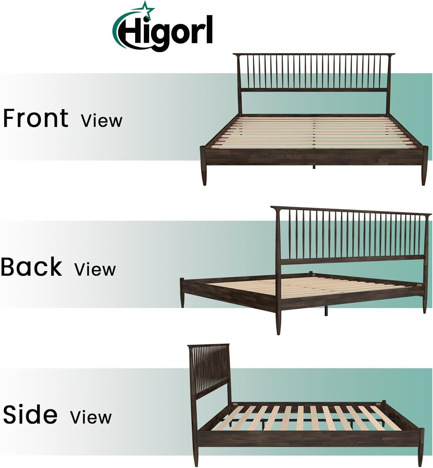 Wooden Bed Frame with 43.7" Tall Headboard, Solid Wood Foundation with Silent Slats and Metal Central Supports, 800 Lb Capacity, No Box Spring Needed, King - Mocha