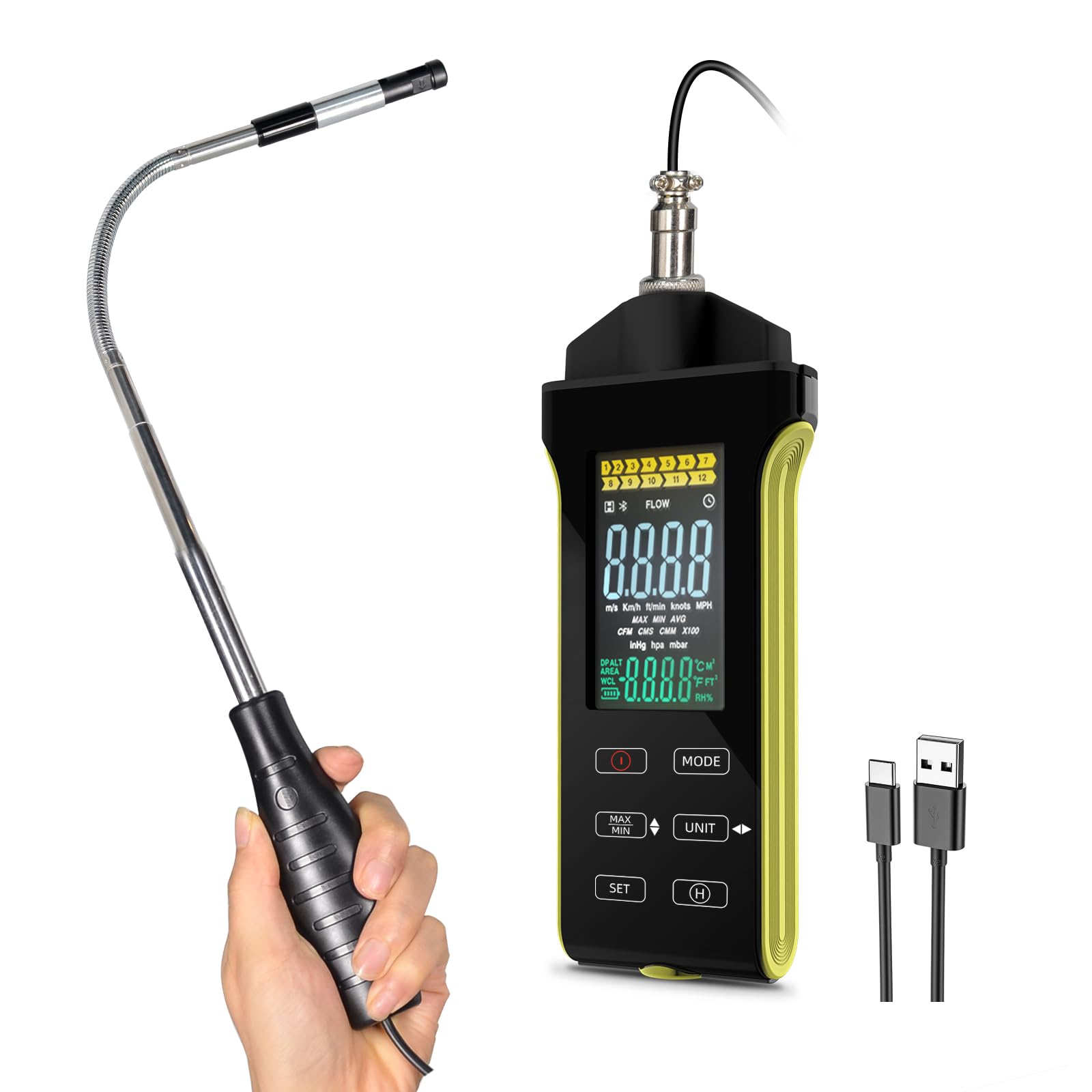 Hotwire Anemometer Handheld, HVAC Anemometer CFM/CMM Air Flow Velocity Meter with Telescopic Probe