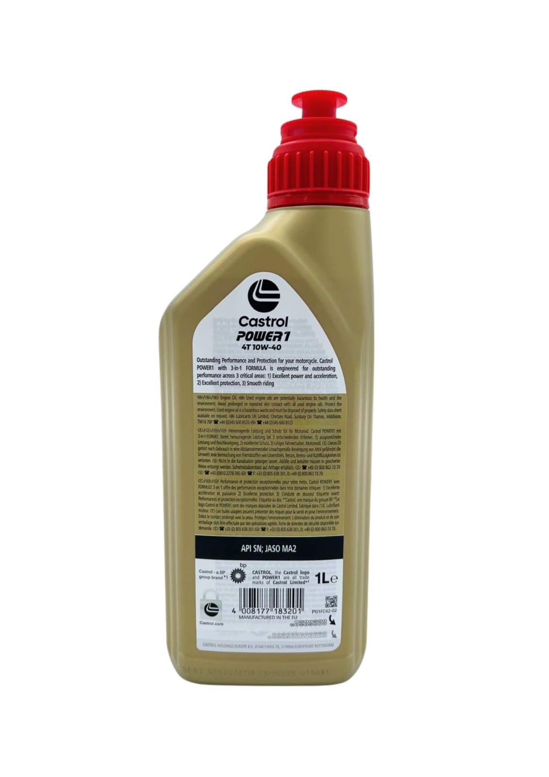 Castrol Power1 4T 10W-40 Olio Motore Moto Sintetico 2x1L API SN JASO MA2 Accelerazione Massima