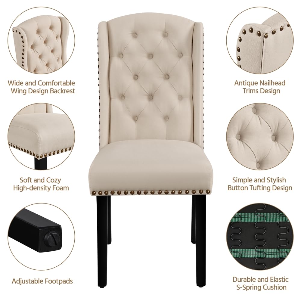Yaheetech Lot de 6 Chaises de Salle à Manger en Tissu Effet Lin Design Classique Boutonné Ensemble de Chaises de Cuisine Rembourrées avec Pieds en Bois Massif Garniture Clou Dorés Beige
