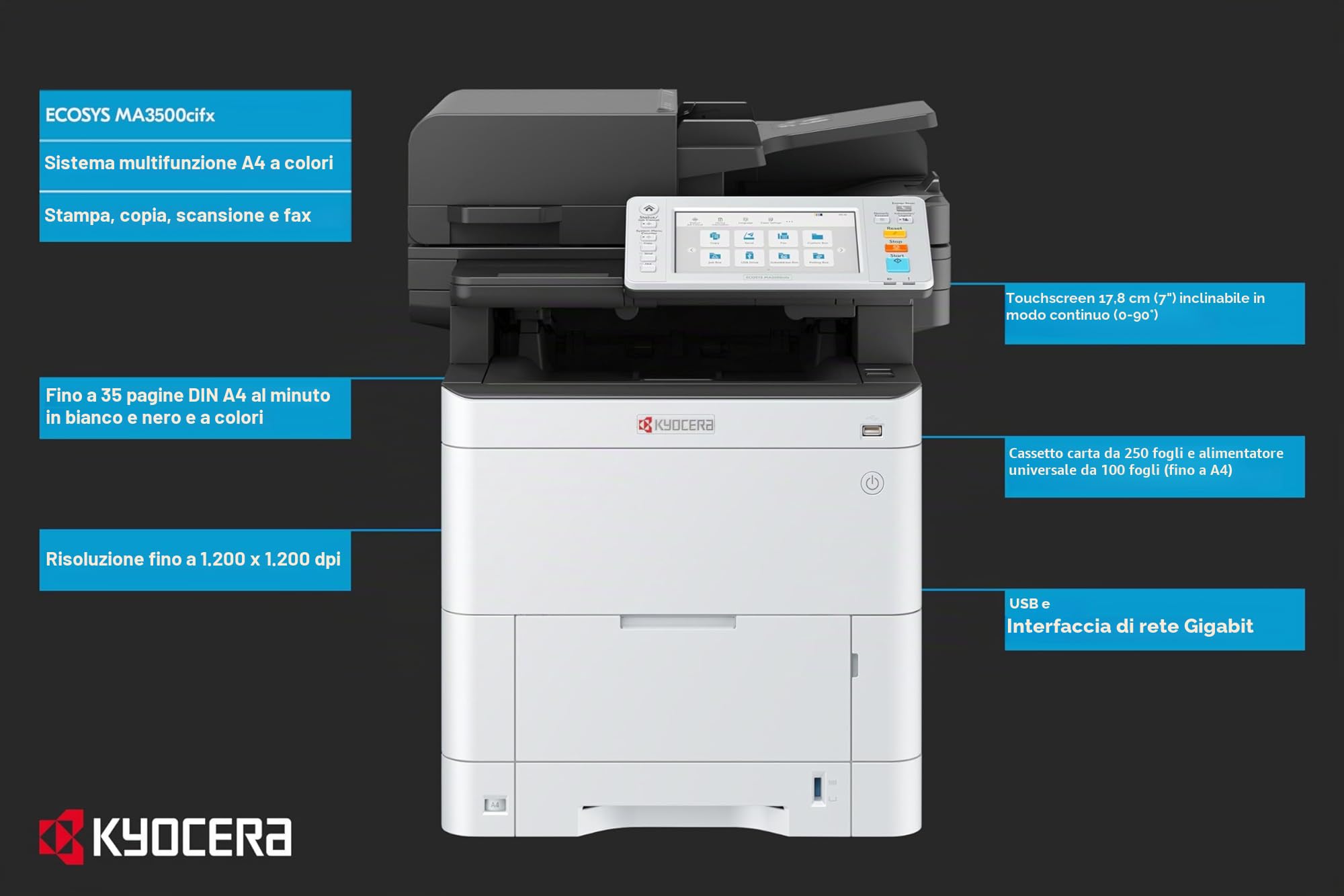 Kyocera Ecosys MA3500cifx - Stampante laser a colori multifunzione, duplex, 35 ppm, stampante scanner copiatrice, fax, stampante laser multifunzione, pannello touchscreen, Gigabit LAN, stampa mobile