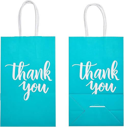 Miniatura 7 de DjinnGlory Paquete de 50 pequeñas bolsas de regalo de papel de agradecimiento de color verde azulado con asas de 9 x 5.5 x 3.15 pulgadas y 50 papel