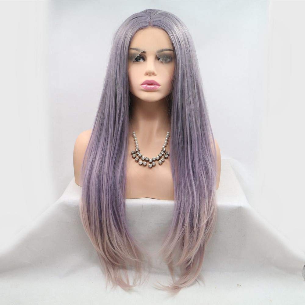 Xiweiya Mix Color Straight Ombre Gray Purple to Pink Wig Mermaid Synthetic Lace Front Wigs Straight Middle Part Long Straight Long Soft Wig Heat Resistant Fiber Hair Replacement Wig for Women 24 Inch