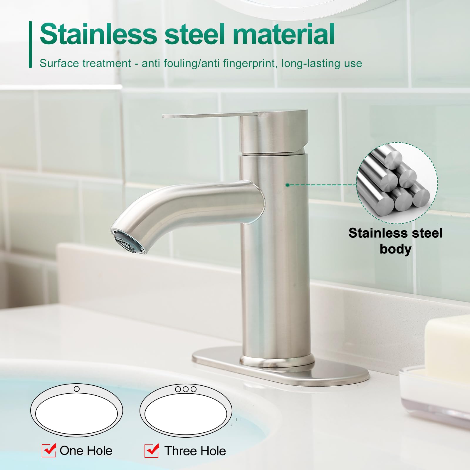 VOTON Brushed Nickel Bathroom Sink Faucet Single Handle Stainless Steel for 1 or 3 Hole Faucet for Bathroom — view 7