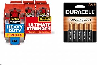 DURACELL Coppertop AA Batteries 8 Count with Power Boost Ingredients + Scotch Heavy Duty Shipping Packaging Tape, Clear, 1.88" x 22.2 yd., 6 Roll Dispenser