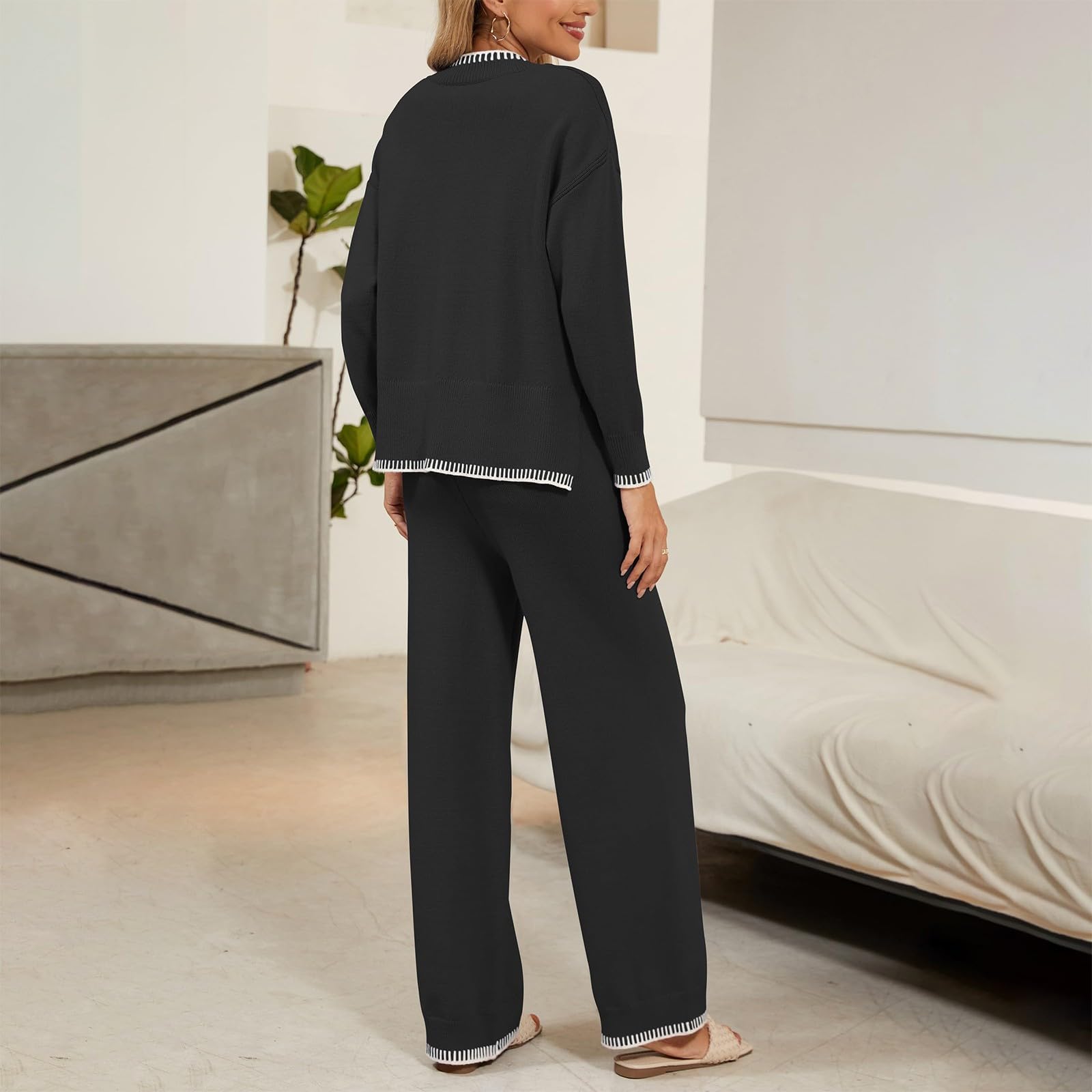 Generico Pigiama 𝐃onna con Bottoni Davanti per Set da 2 Pezzi per Le Donne 2024 Outfit Autunnali Tute alla Maglione Lavorato a Maglia con Scollo a V Set da Salotto Abbinato Accappatoio in