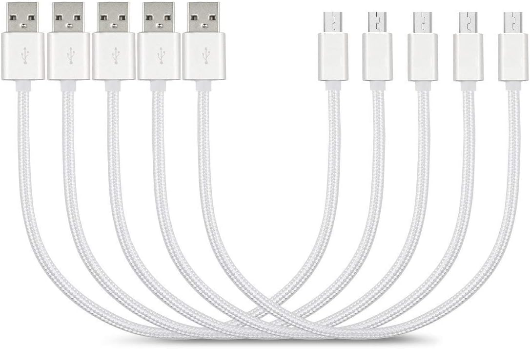 Buentek Short Micro USB Cable, [5 Pack 8 inches] Short Nylon Braided High Speed USB to Micro USB Charging Cables for Android Devices - White