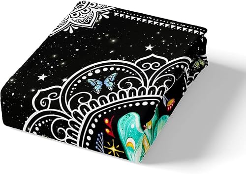 Miniatura 4 de Juego de sábanas ajustables de polilla y mariposa, tamaño Queen, diseño bohemio con mandala y cielo estrellado, funda de cama colorida ultra suave y